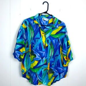 Vintage Silk Abstract Funky Button Down Sz M